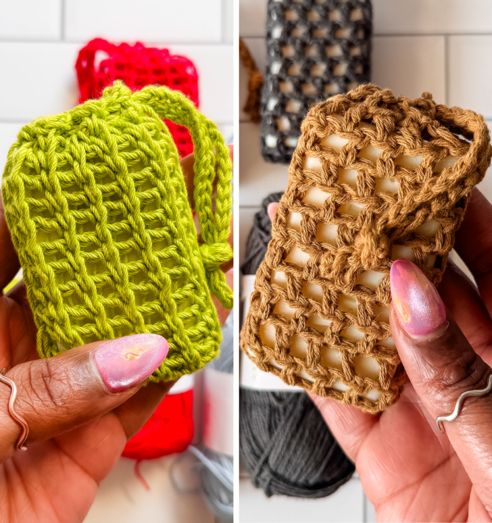 Close-up comparison of a green Tunisian crochet soap saver and a tan traditional crochet soap saver, each holding a wrapped bar of soap.