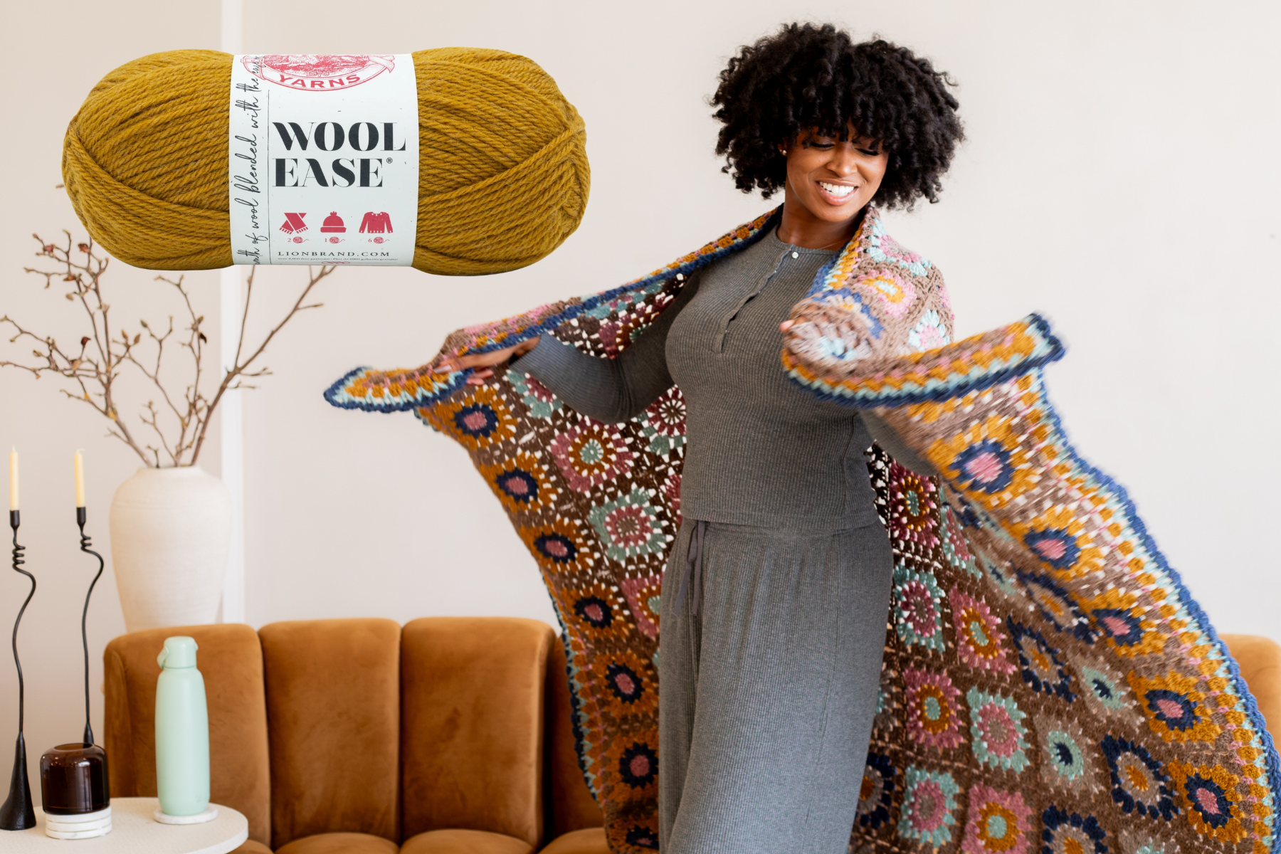 Try using Lion Brand Wool-Ease to make youre Woodstock Granny Blanket - use the free pattern + tutorial video