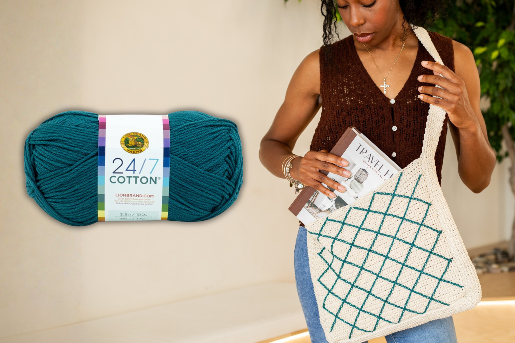 Woman placing a book inside a crochet crossbody tote bag with a ball of yarn next to it- free crochet pattern, the October Tote Bag