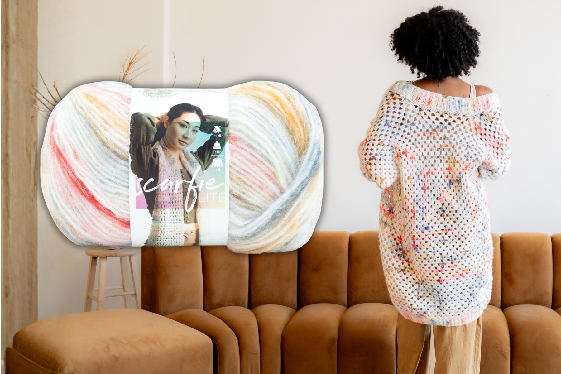 Lion Brand Scarfie Lite, used to make a pink and blue granny square cardigan - free crochet pattern